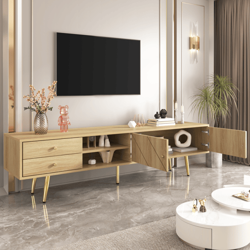 Mesa de TV 160x36x42cm - com 2 gavetas e 2 portas - pernas douradas - Natural