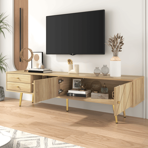 Mesa de TV 160x36x42cm - com 2 gavetas e 2 portas - pernas douradas - Natural