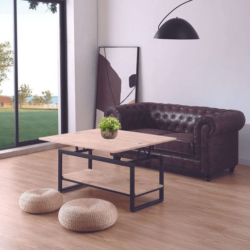 Mesa de Centro Steve Sala de Estar Sala de Jantar Elevável e Extensível Cor Carvalho Nórdico e Preto Fosco 47-62x100x45-90 cm Mesa de Centro Steve Sala de Estar Sala de Jantar Elevável e Extensível Cor Carvalho Nórdico e Preto Fosco 47-62x100x45-90 cm