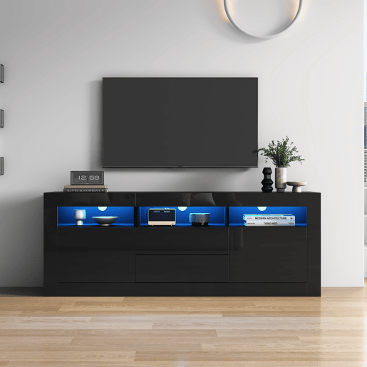 Móvel TV 160 cm adequado para TV de 70u201D - com LED - 2 portas 2 gavetas 3 compartimentos abertos - Preto