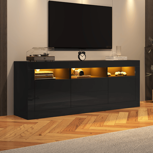 Móvel TV 160 cm adequado para TV de 70u201D - com LED - 2 portas 2 gavetas 3 compartimentos abertos - Preto