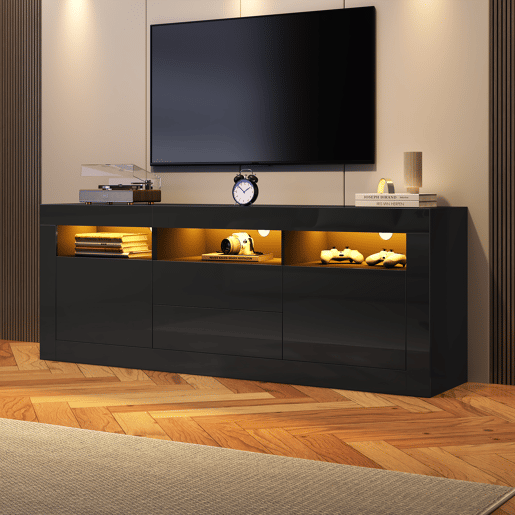 Móvel TV 160 cm adequado para TV de 70u201D - com LED - 2 portas 2 gavetas 3 compartimentos abertos - Preto