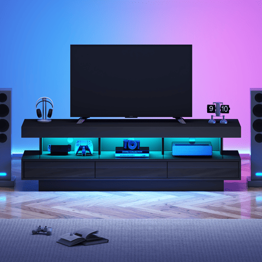 Armário TV com LED 160 cm - 3 compartimentos de vidro - Controlado por APP - Adequado para TV de 70u201D - Preto Armário TV com LED 160 cm - 3 compartimentos de vidro - Controlado por APP - Adequado para TV de 70u201D - Preto