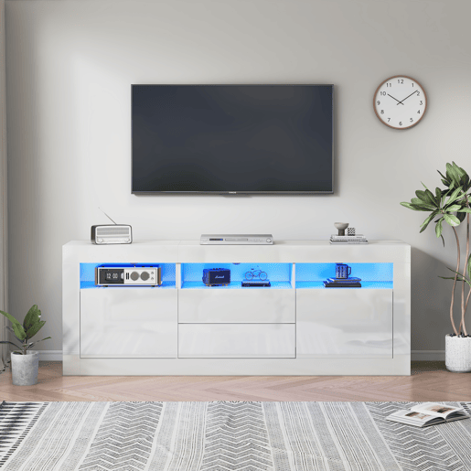 Móvel TV 160 cm adequado para TV de 70u201D - com LED - 2 portas 2 gavetas 3 compartimentos abertos - Branco