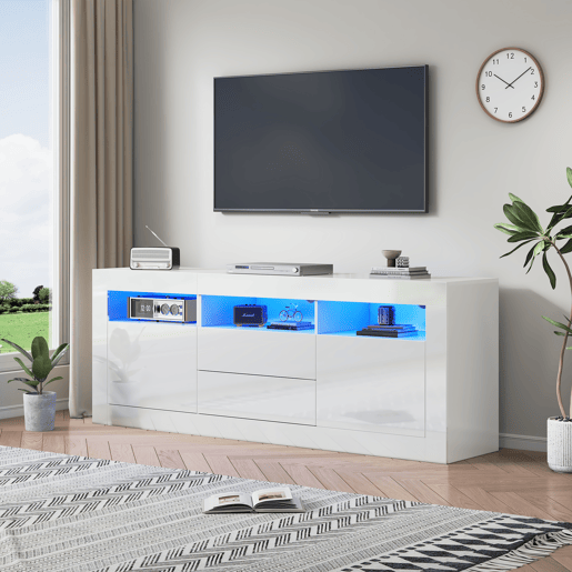 Móvel TV 160 cm adequado para TV de 70u201D - com LED - 2 portas 2 gavetas 3 compartimentos abertos - Branco