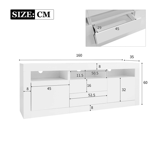 Móvel TV 160 cm adequado para TV de 70u201D - com LED - 2 portas 2 gavetas 3 compartimentos abertos - Branco