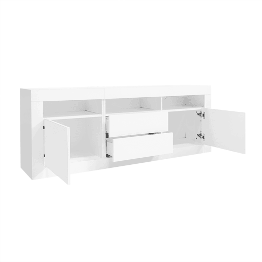 Móvel TV 160 cm adequado para TV de 70u201D - com LED - 2 portas 2 gavetas 3 compartimentos abertos - Branco