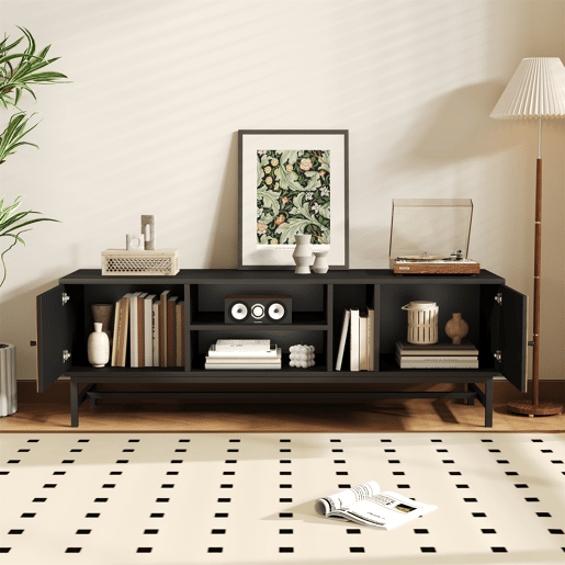 Mesa de TV 150x38x55cm - com prateleiras e 2 portas - Natural + Preto