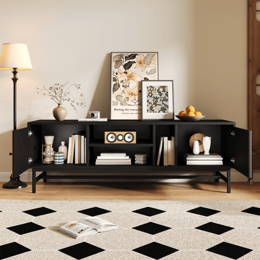 Mesa de TV 150x38x55cm - com prateleiras e 2 portas - Natural + Preto