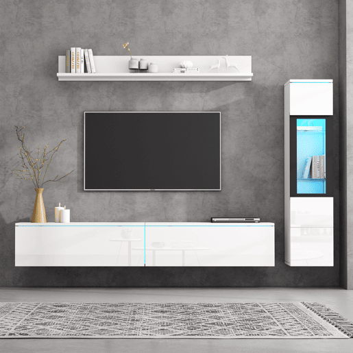Armário TV com arrumação - Armário TV + Vitrina com LED + Ecrã - Branco Armário TV com arrumação - Armário TV + Vitrina com LED + Ecrã - Branco