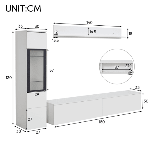 Armário TV com arrumação - Armário TV + Vitrina com LED + Ecrã - Branco Armário TV com arrumação - Armário TV + Vitrina com LED + Ecrã - Branco