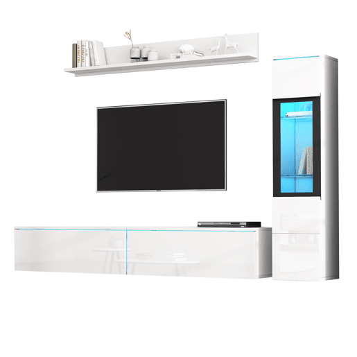 Armário TV com arrumação - Armário TV + Vitrina com LED + Ecrã - Branco Armário TV com arrumação - Armário TV + Vitrina com LED + Ecrã - Branco