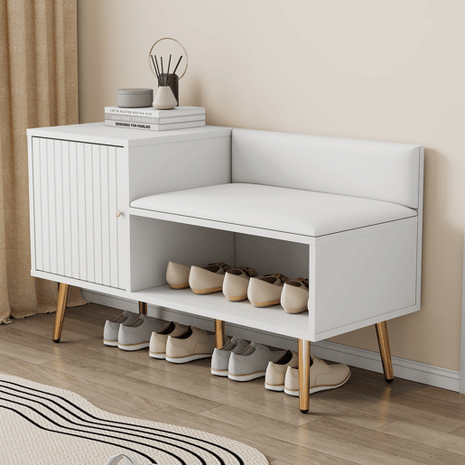 Sapateira - com banco e 2 compartimentos - com pegas e pés metálicos - estilo moderno - Branco