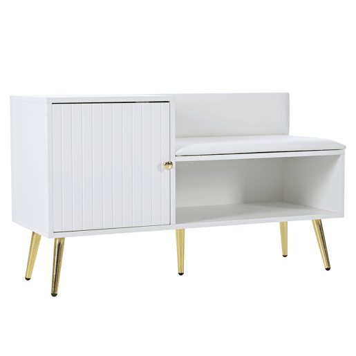 Sapateira - com banco e 2 compartimentos - com pegas e pés metálicos - estilo moderno - Branco