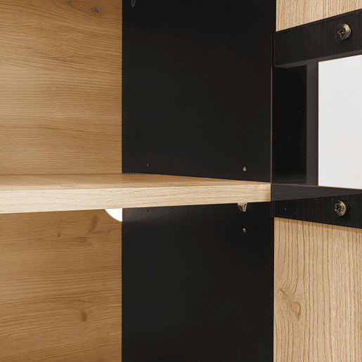 Aparador baixo com LED - 3 portas e 6 compartimentos - Natural e Preto