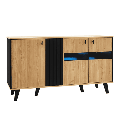 Aparador baixo com LED - 3 portas e 6 compartimentos - Natural e Preto