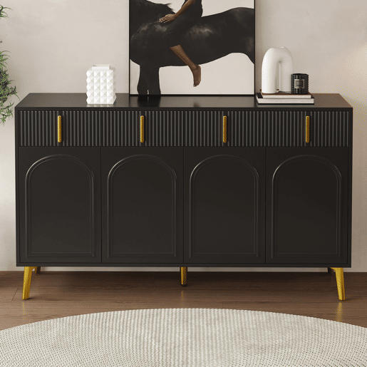 Aparador moderno - 2 portas de vidro com 4 gavetas e prateleiras reguláveis - Preto