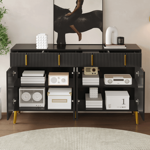 Aparador moderno - 2 portas de vidro com 4 gavetas e prateleiras reguláveis - Preto