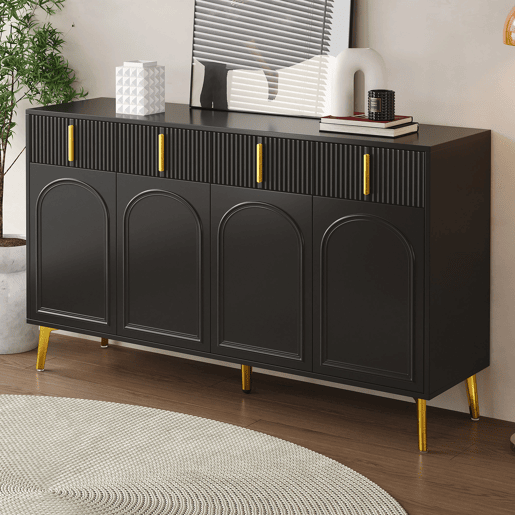 Aparador moderno - 2 portas de vidro com 4 gavetas e prateleiras reguláveis - Preto