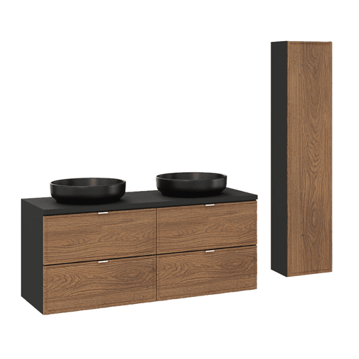 Conjunto móvel de lavatório duplo 120 cm e móvel alto Elena Madeira e preto