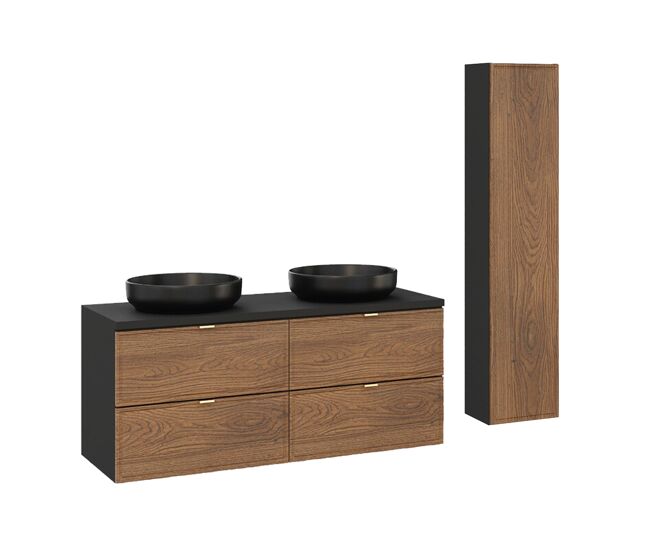 Conjunto mueble lavabo doble 120cm y columna elena madera y negro