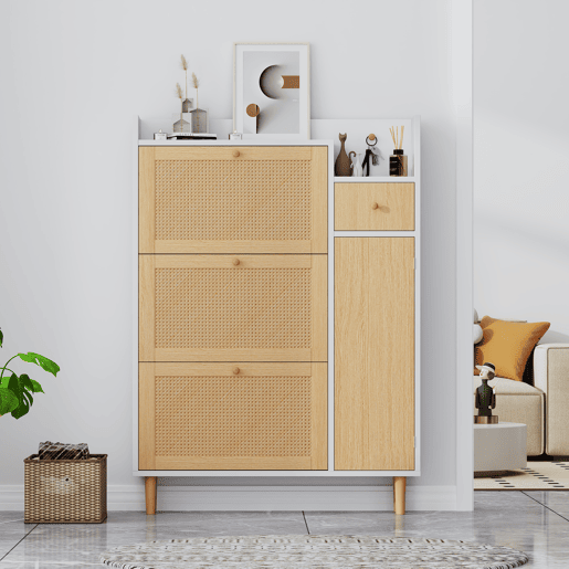 Sapateira em madeira e rotim - 3 portas com dobradiças e 1 gaveta - prateleira ajustável - Natural e branco