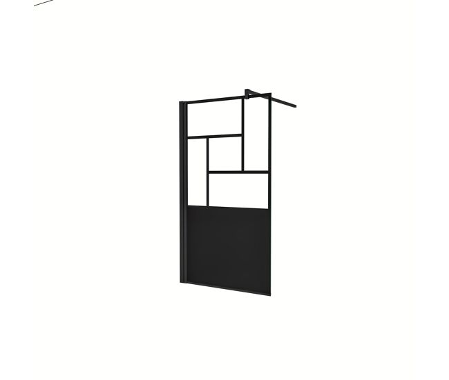 Mampara de ducha fija pantalla panel fijo estilo industrial cristal antical 8mm con barra 140cm perfil negro mate,(977-1000)x2000mm