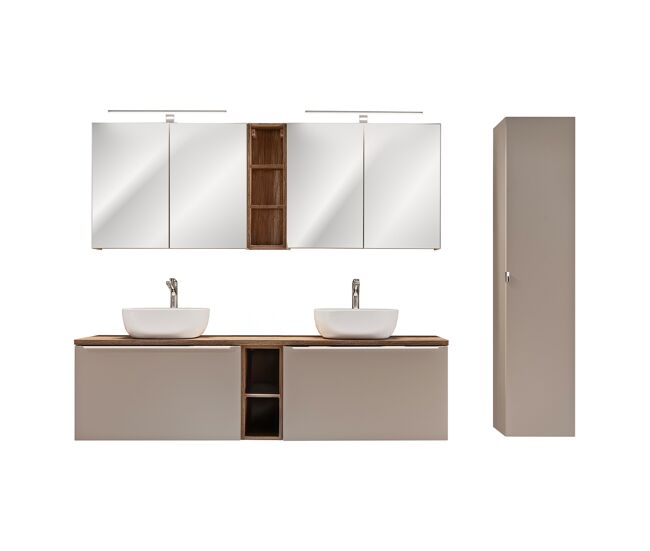 Conjunto de muebles con lavabo doble 180cm 2 compartimientos columna y armario eros topo