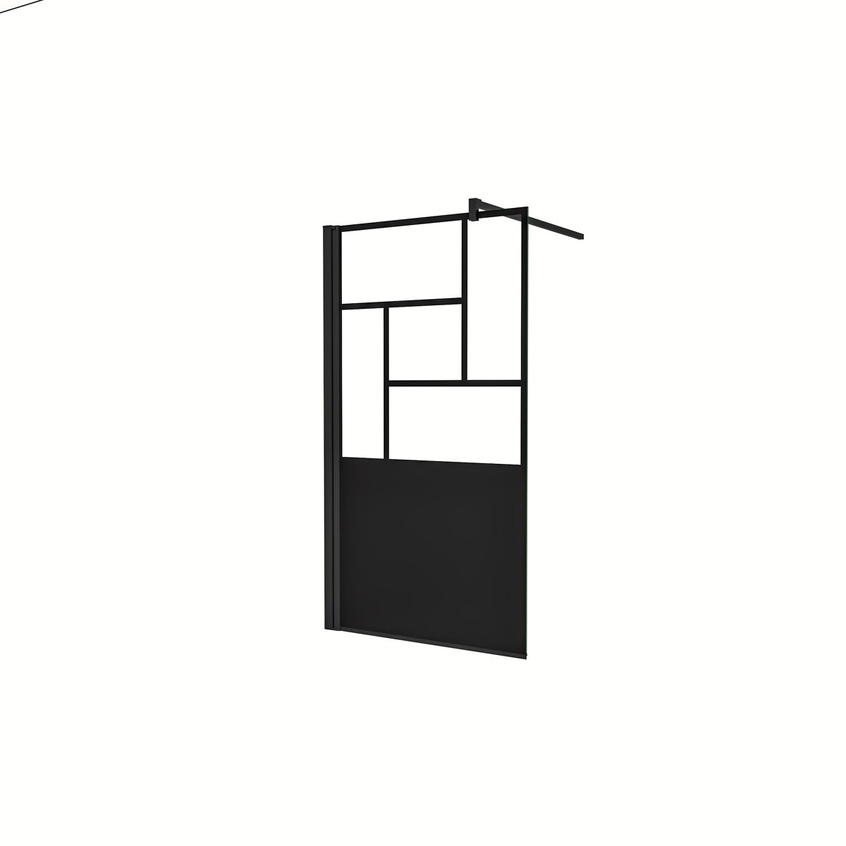 Mampara de ducha fija pantalla panel fijo estilo industrial cristal antical 8mm con barra 90cm perfil negro mate,(1177-1200)x2000mm