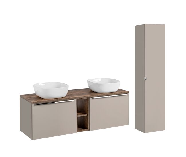 Conjunto mueble lavabo doble 140cm 2 compartimientos y columna éros topo