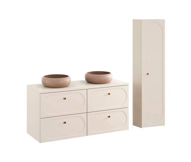 Conjunto mueble lavabo doble 120cm y columna sanae beige arena