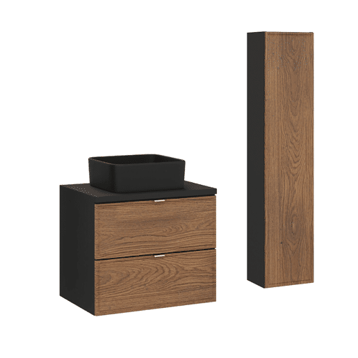 Conjunto móvel lavatório simples 60cm e coluna Elena Madeira e preto