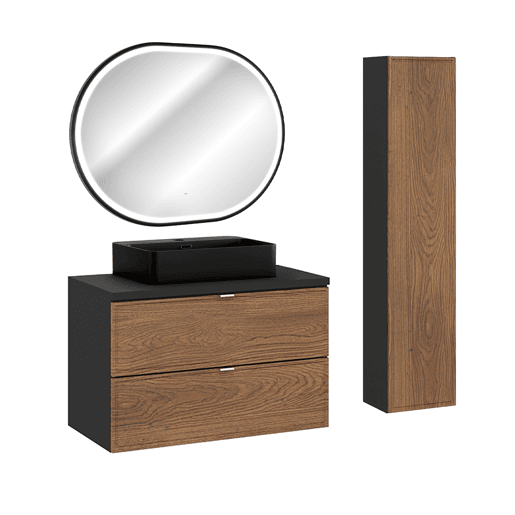 Conjunto móvel lavatório simples 80cm coluna e espelho Elena Madeira e preto