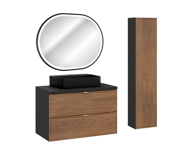Conjunto de muebles con lavabo individual 80cm columna y espejo elena madera y negro