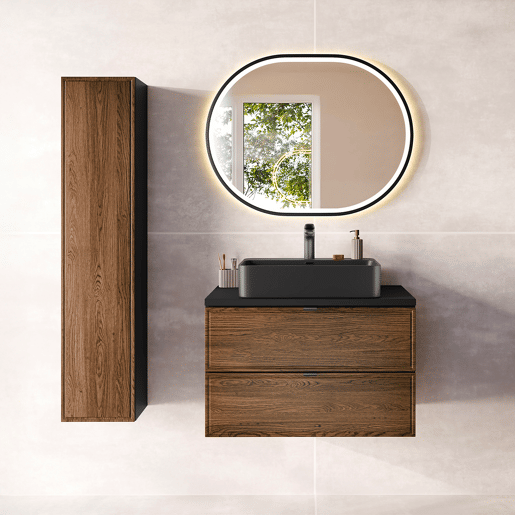 Conjunto móvel lavatório simples 80cm coluna e espelho Elena Madeira e preto