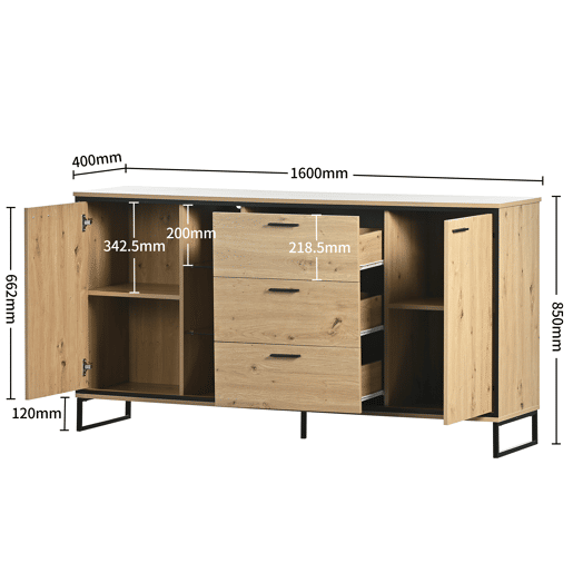 Aparador baixo com LED - 3 gavetas, 2 portas e 3 prateleiras - Natural