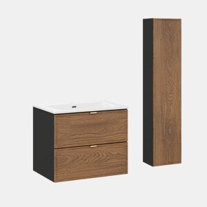 Conjunto móvel lavatório simples encastrável 60cm e coluna Elena Madeira e preto