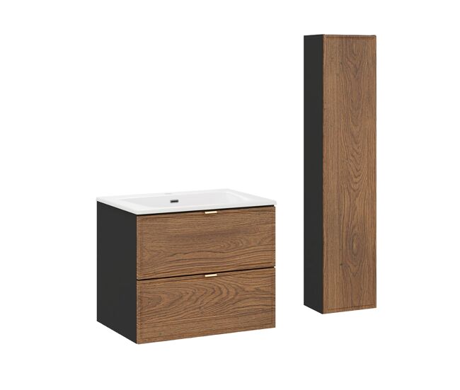 Conjunto de muebles con lavabo individual encastrado 60cm y columna elena madera y negro