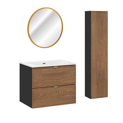 Conjunto móvel lavatório simples encastrável 60cm coluna e espelho Elena Madeira e preto