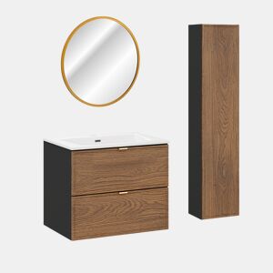 Conjunto móvel lavatório simples encastrável 60cm coluna e espelho Elena Madeira e preto
