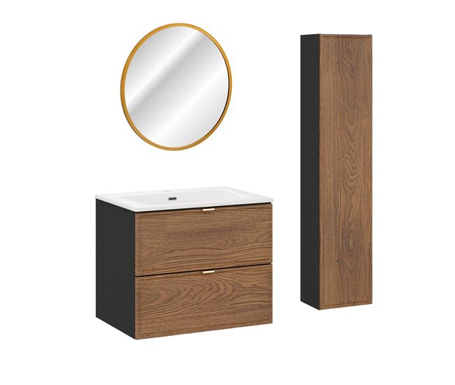 Conjunto de muebles con lavabo individual encastrado 60cm columna y espejo elena madera y negro