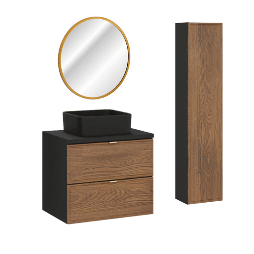 Conjunto móvel lavatório simples 60cm coluna e espelho Elena Madeira e preto