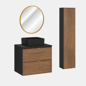 Conjunto móvel lavatório simples 60cm coluna e espelho Elena Madeira e preto