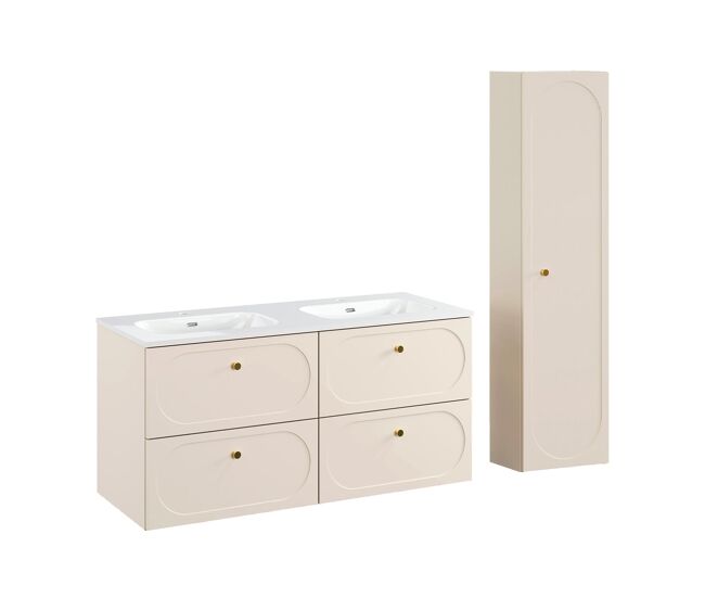 Conjunto mueble lavabo doble encastrado 120cm y columna sanae beige arena