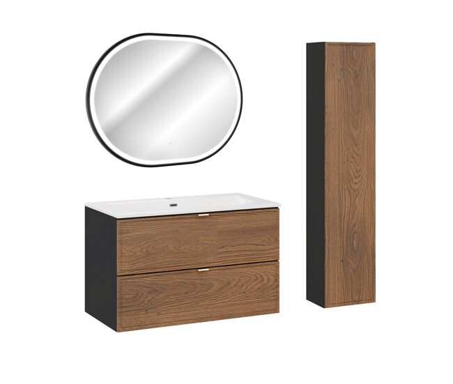 Conjunto de muebles con lavabo individual encastrado 80cm columna y espejo elena madera y negro