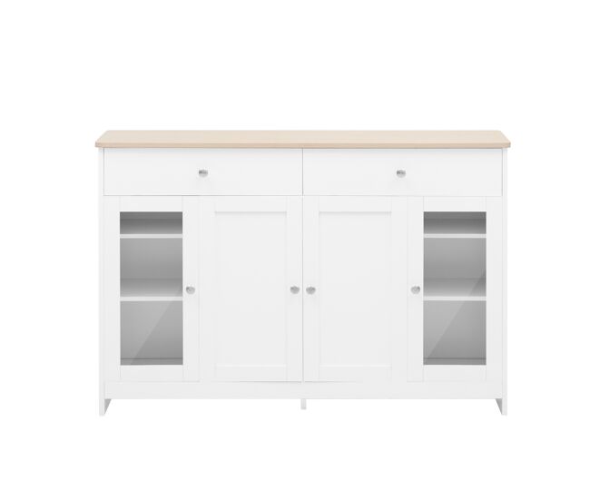 Aparador con 2 cajones y puertas de cristal - para salón y comedor - blanco