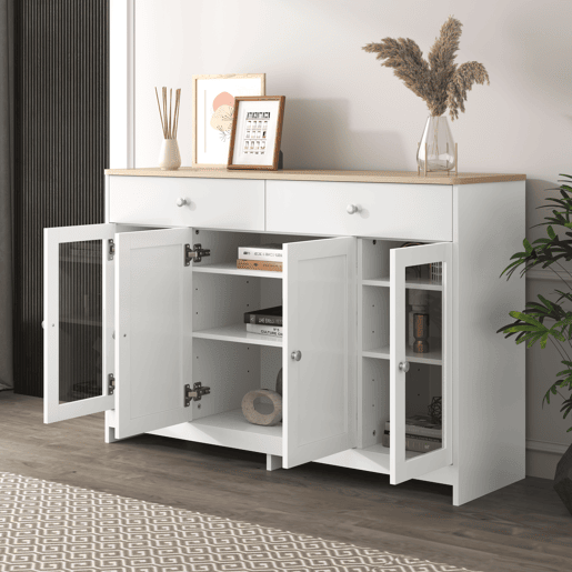 Aparador com 2 gavetas e portas de vidro - para sala de estar e sala de jantar - Branco