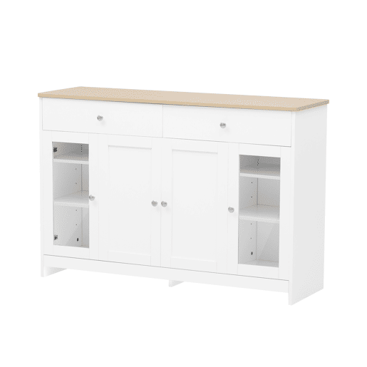 Aparador com 2 gavetas e portas de vidro - para sala de estar e sala de jantar - Branco