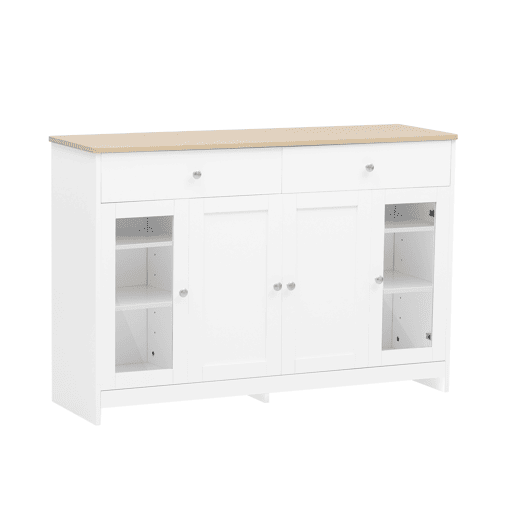 Aparador com 2 gavetas e portas de vidro - para sala de estar e sala de jantar - Branco