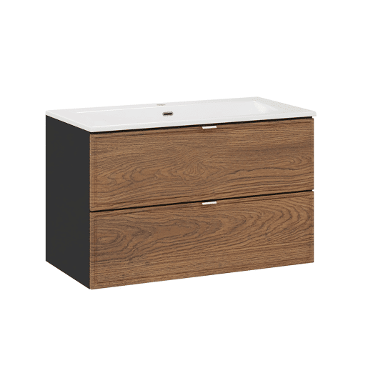 Conjunto móvel lavatório simples encastrável 80cm e coluna Elena Madeira e preto